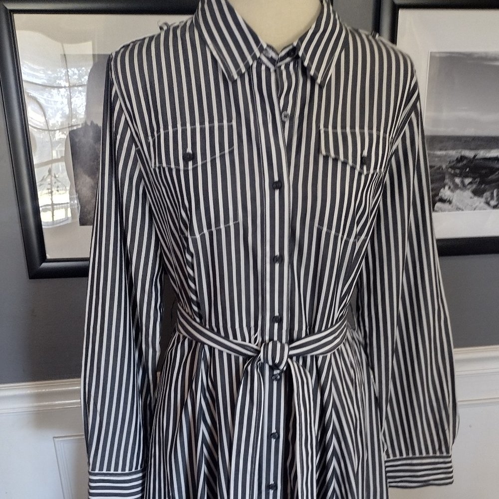 Navy / White Crisp Striped Shirt Dress--Full Skirt, Belted Chaps 12